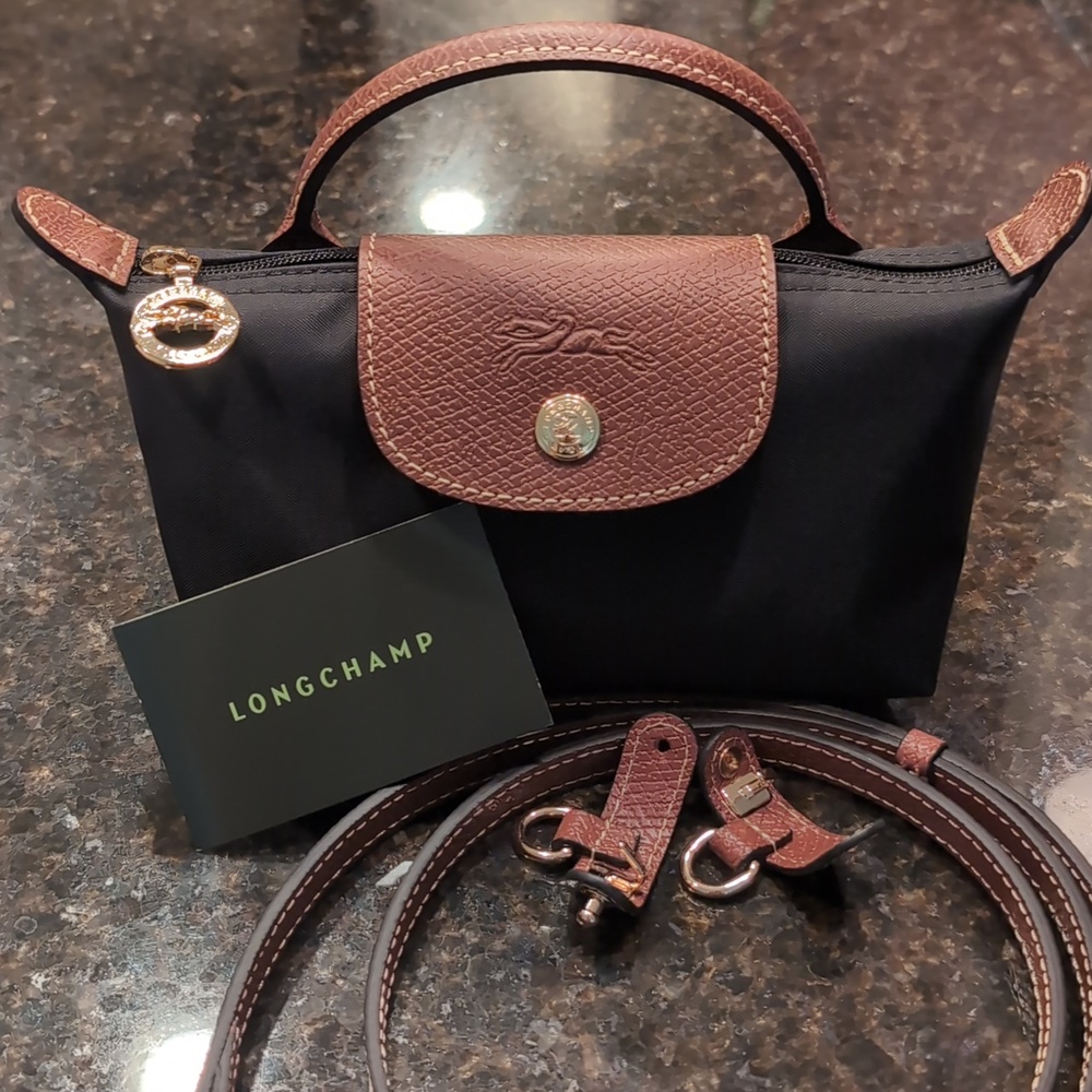 NWT Le Pliage Original Pouch with handle Black/Brown - Recycled canvas